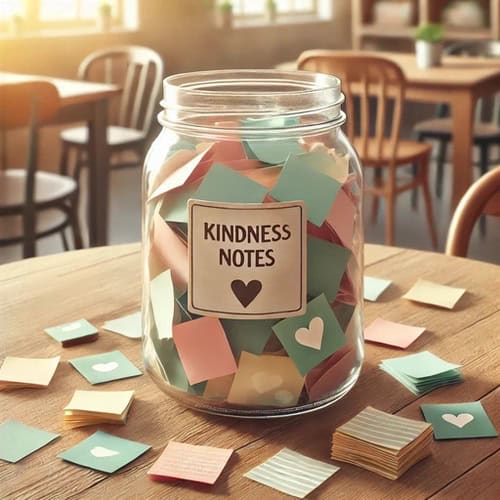 16 Positivity Jar Ideas to Bring More Joy Every Day 1 A positivity jar on a dining table full of blue and pink notes that use our positivity jar ideas in this post