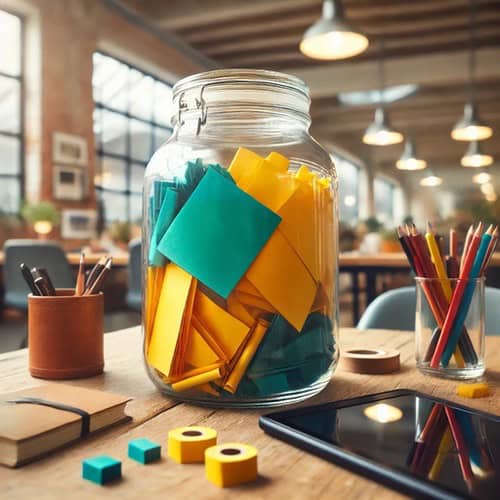 Boost Team Morale with a Positivity Jar for Work 1 A jar on a work desk, full of green and yellow notes being used as a positivity jar for work