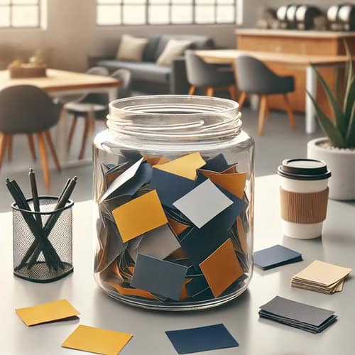 Boost Team Morale with a Positivity Jar for Work 3 A jar on a work desk, full of grey, white and yellow notes being used as a positivity jar for work