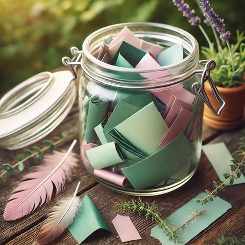 Capture Joy with a Positive Moments Jar 1 A positive moments jar full of pink and green notes sat on a outside table next to a some feathers and flowers