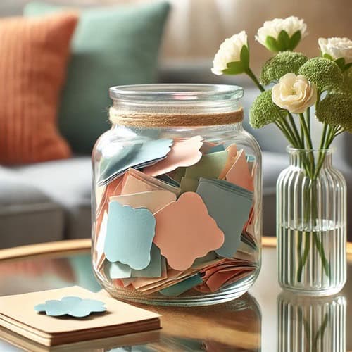 Capture Joy with a Positive Moments Jar 2 A positive moments jar full of pink and blue notes sat on a bedside table next to a vase of flowers