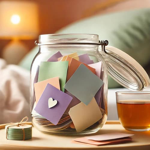 Capture Joy with a Positive Moments Jar 3 A positive moments jar full of pink and blue notes sat on a bedside table next to a candle and a cup of tea