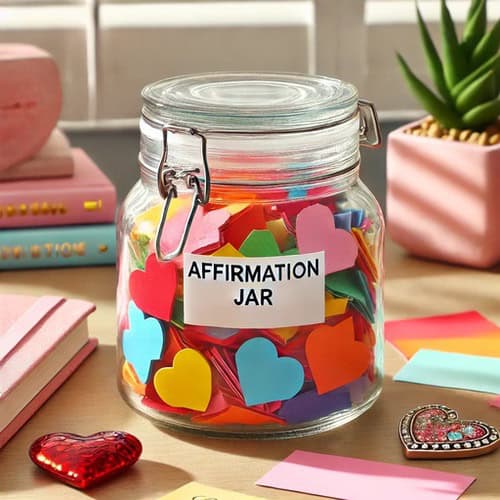 A glass jar on desk full of bright colourful notes that uses our positive affirmation jar ideas