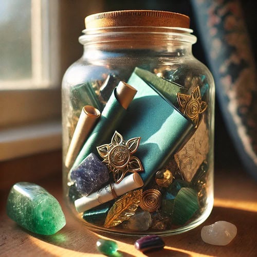 A positive energy jar full of green and gold notecards with crystals and gems. There is a candle and some crystals beside the jar