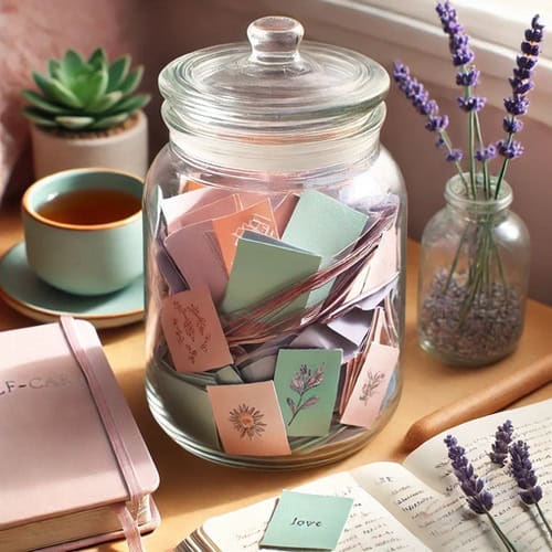 A positive thought jar full of colourful notes on a desk surrounded by pieces of paper & a plant.