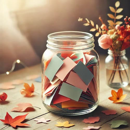 A positive comment jar with green and coral notes inside, next to a vase of flowers with leaves dotted around the desk