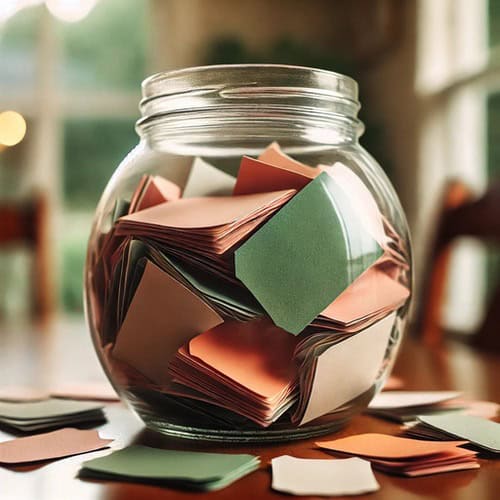 Positive Comment Jar A Fun Way to Encourage and Inspire 2 A positive comment jar with green and coral notes inside, next to a candle with pieces of paper dotted around the desk