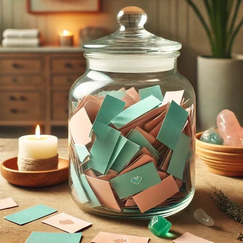 Positive Comment Jar A Fun Way to Encourage and Inspire 3 A positive comment jar with green and coral notes inside, next to a candle with pieces of paper dotted around the desk
