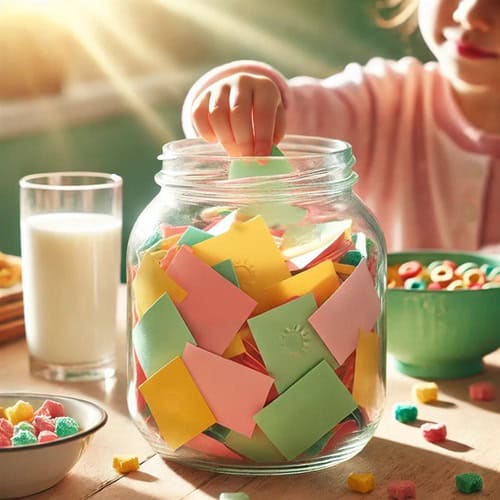 Positivity Jar Ideas for Kids Fun Encouraging Activities 3 A child at a breakfast table putting a new note in a jar full of pink, yellow and green notes. They are trying out one of our positivity jar ideas for kids.