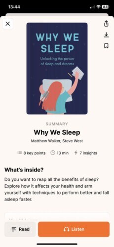 Headway App 2 A mobile screen displays the summary of the book why we sleep by matthew walker and steve west on the headway app, featuring an illustration of a person with long red hair holding a pillow. Options to read or listen are visible.