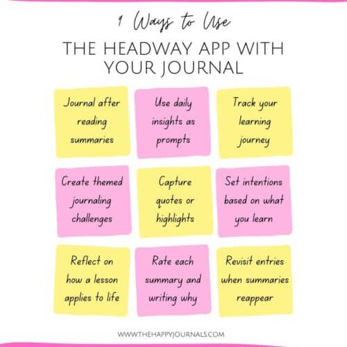Headway App Review A 3x3 grid titled 9 ways to use the headway app with your journal lists tips like using insights as prompts, tracking progress, setting intentions, and reflecting on lessons—perfect inspiration after reading a headway app review. Pastel-colored blocks included.