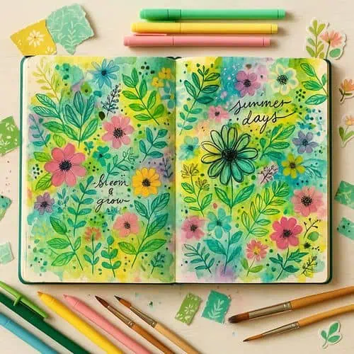 summer art journaling 1 An open journal with colorful, hand-painted flowers and leaves, featuring the phrases “bloom & grow” and “summer days. ” perfect for summer art journaling, its surrounded by markers, brushes, and decorative paper on a light table.