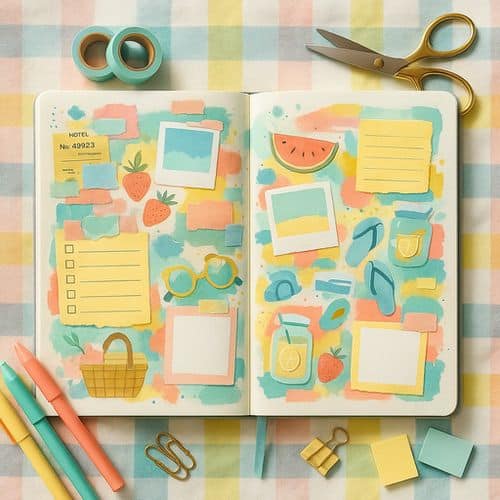 An open journal ready for summer bucket list journal ideas on a pastel checkered table, decorated with colorful stickers—watermelon, strawberries, sunglasses, polaroid frames, flip-flops—and surrounded by stationery items for creative journal ideas.