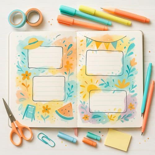 An open notebook with colorful, summer bucket list journal ideas, doodles, and blank boxes for notes is surrounded by pastel pens, pencils, scissors, paper clips, sticky notes, and decorative washi tape on a white surface.