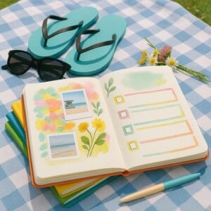 A photo of an open bullet journal set up to use our summer journal ideas. On the page are some doodles and boxes to write in in blue, yellow and orange, a photo of a plant and some yellow washi tape. The journal is on a picnic blanket next to some flip flops