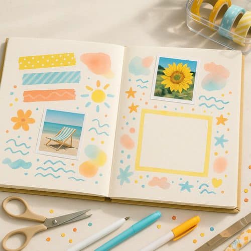 summer journal ideas 3 A photo of an open bullet journal set up to use our summer journal ideas. On the page are some doodles in blue, yellow and orange, a photo of a sunflower, a photo of a deck chair and some yellow washi tape
