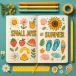 A bullet journal layout ready to start discovering our summer journal topics. Across the page 'small joys of summer' is written in big yellow writing and this is surrounded by doodles of summer items like flip flops, strawberries, ice creams and flowers
