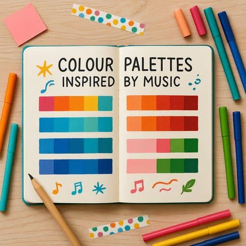An open notebook displays colorful palettes labeled colour palettes inspired by music, surrounded by markers, a pencil, sticky notes, and washi tape on a light wooden desk. Musical symbols decorate the pages - a perfect addition to summer playlist journaling.
