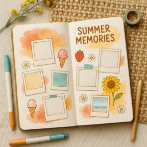 A bullet journal set up ready for some summer review journaling. On the page it says 'summer memories' and there are boxes that look like polaroid photos ready to be written in or drawn in