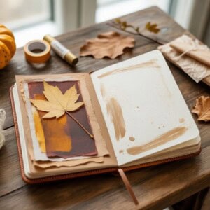 An open journal on a wooden table displays autumn art journal pages with a pressed maple leaf and brown tones, surrounded by dried leaves, tape, and cozy fall decor.