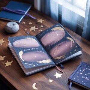 An open journal with pastel constellation sketches and the words “equinox reflections” lies on a wooden desk, surrounded by gold star and moon cutouts, closed notebooks, and a window with light blue curtains—perfect for autumn equinox journal prompts.
