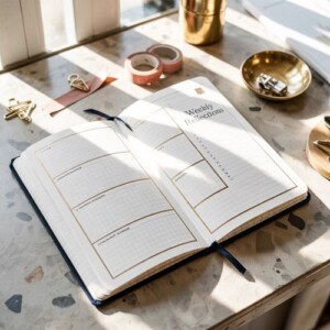 An autumn gratitude journal rests on the table, inviting you to capture moments of thankfulness throughout the cozy season.