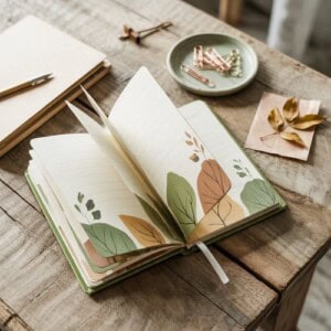 An open notebook with illustrated leaves on its pages sits on a rustic wooden table, ready for your autumn journal challenge. Nearby are a pen, paper clips in a small dish, a notepad, and pressed golden leaves on brown paper.