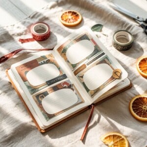 An open journal with decorated pages lies on a fabric surface, surrounded by dried orange slices, rolls of washi tape, and scissors—autumn journal essentials bathed in sunlight and soft shadows.