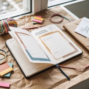 An open planner lies on a desk by a window, displaying “seasonal planning” pages and an inviting autumn journal spread. Colorful yarn, sticky notes, and envelopes surround the planner, creating a cozy and organized workspace.