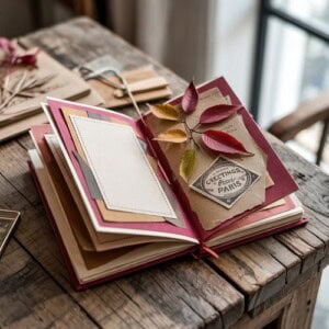 An open scrapbook sits on a rustic wooden table, displaying layered papers, autumn leaves, and a vintage paris postcard—capturing beautiful autumn journal themes in soft natural light streaming through a nearby window.