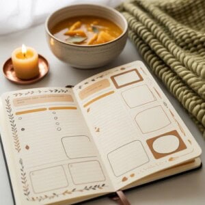 An open journal with decorative borders lies on a table next to a lit candle, a bowl of soup with visible herbs, and a green knitted blanket—creating the perfect cozy setting for fall journal ideas.