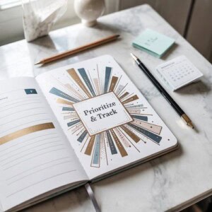 An open planner on a marble table displays a page with the words prioritize & track, surrounded by decorative lines. Nearby are a pencil, pen, sticky note pad, and a small paper calendar—perfect for adding journal prompts for autumn.