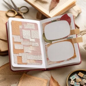 An open autumn creative journal features collaged book clippings on one page and two blank labels with pressed leaves and masking tape on the other. Scissors, a book, and a dish of stamps are nearby on a light surface.