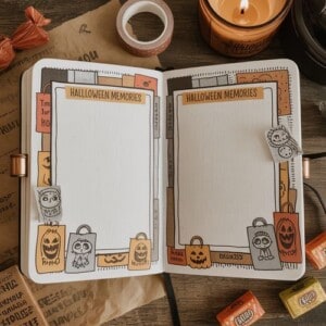 An open journal decorated with halloween-themed drawings—pumpkins, candy, owls, and trick-or-treat bags. The halloween journal pages are titled halloween memories and surrounded by festive stationery and candles.