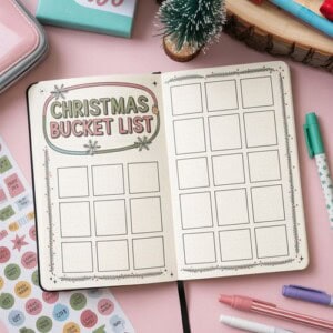 An open notebook displays a “christmas bucket list” title with 20 blank boxes, perfect for christmas bucket list journaling. Surrounding it are colorful pens, a small artificial tree, and festive stickers on a pink desk.