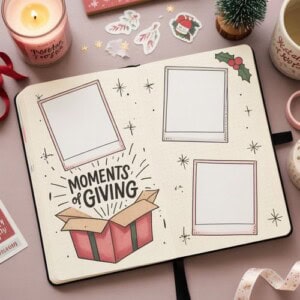 A festive journal spread titled moments of giving features three blank polaroid frames, a drawing of an open christmas gift box, holly, stars, a lit candle, and christmas-themed stickers—perfect for inspiring your christmas gift journaling
