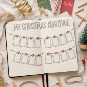 Open journal with "my christmas gratitude" at the top, featuring two garlands with blank gift tags—perfect for christmas journal activities. Surrounding are festive items like ribbon, a mini christmas tree, and wooden decorations.