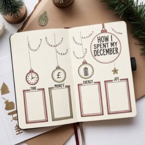An open journal displays how i spent my december with four decorated boxes labeled time, money, energy, and joy—perfect christmas journal topics. Pine branches and holiday decorations surround the notebook under festive hanging ornaments.
