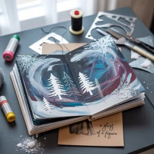 An open art journal displays a winter-themed painting with swirling colors, white tree silhouettes, and snowflakes. Surrounding the journal are winter art journaling supplies: thread spools, scissors, and a card reading a ghost of a figure.