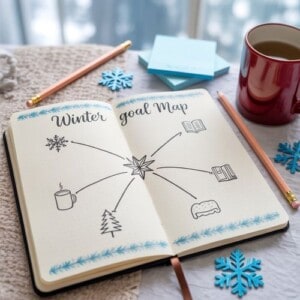 An open winter goals journal titled winter goal map, featuring doodles of a mug, tree, book, bed, and couch, surrounded by pencils, sticky notes, a red mug, and blue snowflake decorations on a cozy table.