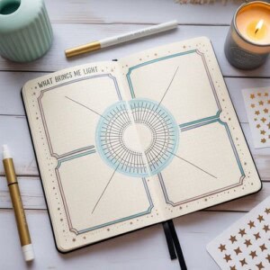 An open journal displays a page titled what brings me light, perfect for a winter journal challenge. Pens, a lit candle, and star stickers are arranged on a white wooden surface around the decorative circular design.