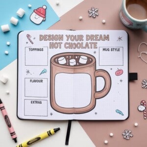 An open winter journal for kids displays a “design your dream hot chocolate” page, featuring sections for toppings, flavour, extras, and mug style beside a large illustrated mug. Crayons, marshmallows, a pen, and a cup of cocoa surround the journal.