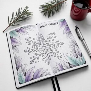 Open winter journal pages features a snowflake-themed mood tracker surrounded by illustrated leaves. Nearby are a pine branch, a black pen, and a red mug on a white surface.