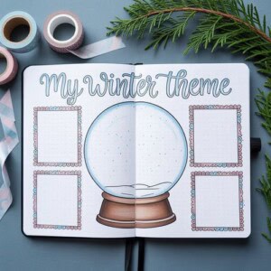 An open journal displays “my winter theme” with a large snow globe illustration in the center, four decorative empty boxes perfect for winter journal prompts, and evergreen branches and washi tapes nearby on a blue surface.