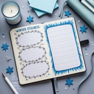 An open journal displays winter stillness, offering winter journal spread ideas with cloud-shaped doodle sections on the left and a lined blue-bordered page on the right, surrounded by blue stars, stationery, and a candle.