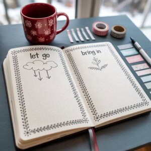 An open journal with two pages titled let go and bring in, perfect for winter journal topics, features simple cloud and plant sketches. It sits on a desk with a red mug, washi tape, pen, and sticky notes beside it.