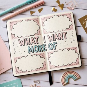 An open journal displays sections with doodled clouds and the words what i want more of in bold letters. Surrounding the journal are pens, gold heart stickers, a rainbow, and scattered stationery—perfect new year journal prompts for teens.