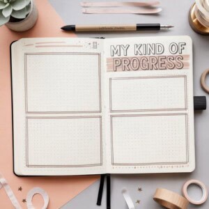 An open bullet journal displays a heading my kind of progress above four empty grid sections, surrounded by pens, ribbon, and office supplies—perfect inspiration for new year writing prompts for adults on a pastel workspace.