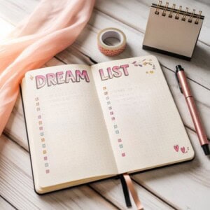 An open notebook titled dream list with checkboxes, a pink pen, a roll of decorative tape, a small blank calendar, and a pink scarf on a white wooden surface—perfect for planning a fresh start.
