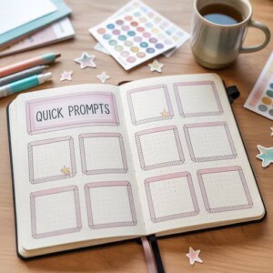 An open journal with quick prompts at the top and nine empty pastel boxes, surrounded by pens, stickers, a cup of coffee, and star-shaped decorations on a wooden desk—perfect for exploring journal prompts for a year.